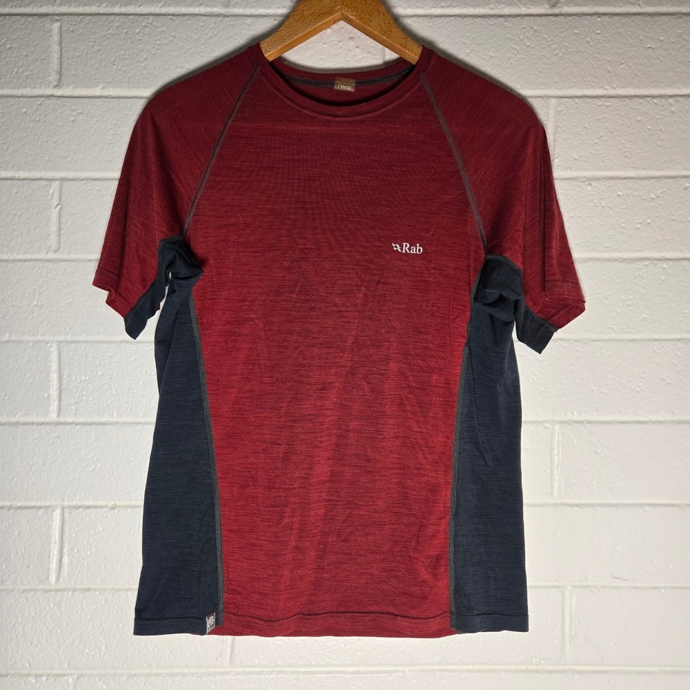 Rab MeCo 120 Tee Mens Large Red Grey Merino Cocona Base Layer Hiking Shirt Gorp